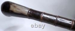 Antique Polished Carved Rams Head Horn Handle Stacked Shaft Walking Stick Cane