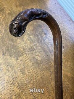 Antique Primitive Folk Art Hand Carved Wooden Fox or Wolf Cane Walking Stick