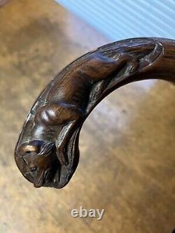 Antique Primitive Folk Art Hand Carved Wooden Fox or Wolf Cane Walking Stick