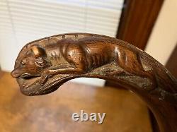 Antique Primitive Folk Art Hand Carved Wooden Fox or Wolf Cane Walking Stick