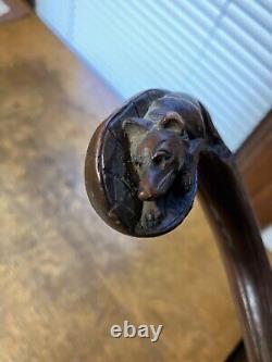 Antique Primitive Folk Art Hand Carved Wooden Fox or Wolf Cane Walking Stick