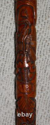 Antique Qing Dynasty Chinese Oriental Treen All Hand Carved Walking Stick / Cane