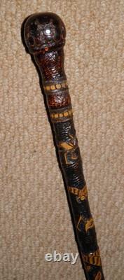Antique Qing Dynasty Walking Stick Cane Chinese Oriental Entirely Carved Insects