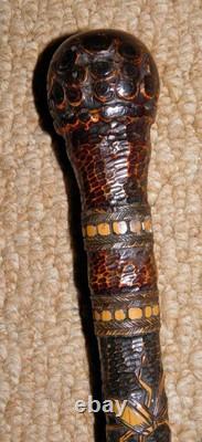 Antique Qing Dynasty Walking Stick Cane Chinese Oriental Entirely Carved Insects