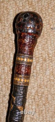 Antique Qing Dynasty Walking Stick Cane Chinese Oriental Entirely Carved Insects