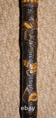 Antique Qing Dynasty Walking Stick Cane Chinese Oriental Entirely Carved Insects