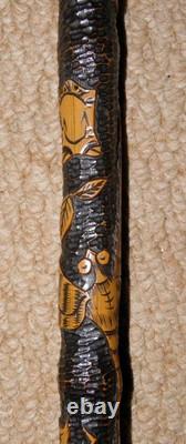 Antique Qing Dynasty Walking Stick Cane Chinese Oriental Entirely Carved Insects