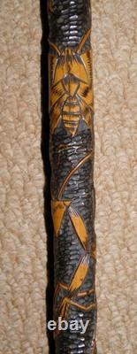 Antique Qing Dynasty Walking Stick Cane Chinese Oriental Entirely Carved Insects