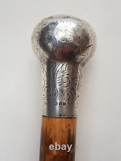 Antique-Quality Silver Ball Topped Carved Yew Wood Walking Stick-London-c1920