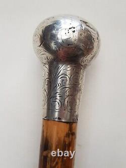 Antique-Quality Silver Ball Topped Carved Yew Wood Walking Stick-London-c1920