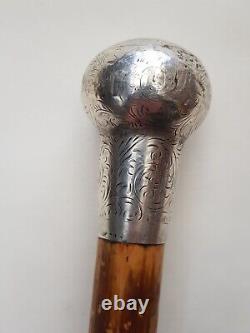 Antique-Quality Silver Ball Topped Carved Yew Wood Walking Stick-London-c1920