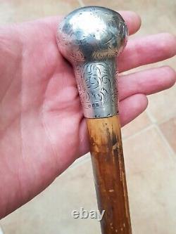 Antique-Quality Silver Ball Topped Carved Yew Wood Walking Stick-London-c1920