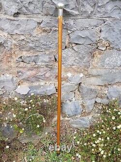 Antique-Quality Silver Ball Topped Carved Yew Wood Walking Stick-London-c1920