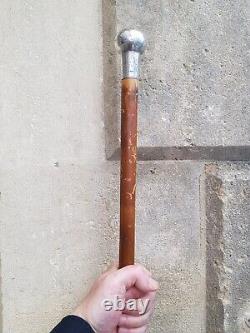 Antique-Quality Silver Ball Topped Carved Yew Wood Walking Stick-London-c1920