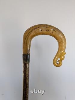 Antique Rams Horn Shepherds Crook Walking Stick Thistle Carved Handle 94cm (37)