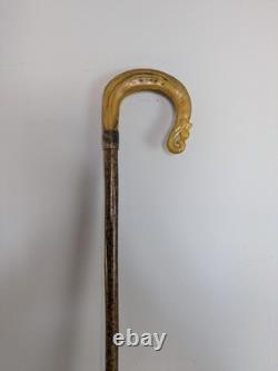 Antique Rams Horn Shepherds Crook Walking Stick Thistle Carved Handle 94cm (37)