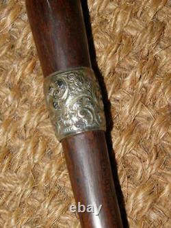 Antique Repousse Nickel Silver Ebony Hand Carved Ladies Walking Stick/Cane