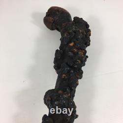 Antique Rootwood Root Wood Walking Stick With Stylised Carved Face Pommel