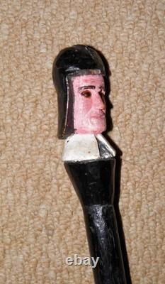 Antique Roundhead Puritan Walking Stick / Cane Hand-Carved Man With Glass Eyes