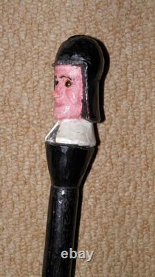 Antique Roundhead Puritan Walking Stick / Cane Hand-Carved Man With Glass Eyes