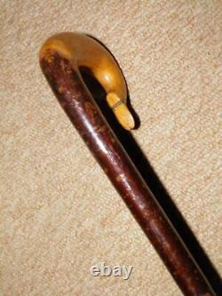 Antique Rustic Aspen Walking Stick/Cane With Hand-Carved Shoe Crook Handle 91cm