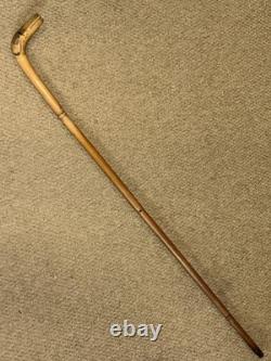 Antique Rustic Bamboo Walking Stick Hand Carved Dog Handle