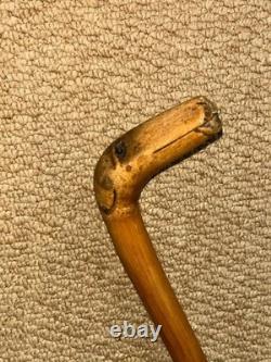 Antique Rustic Bamboo Walking Stick Hand Carved Dog Handle