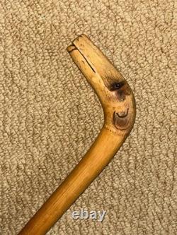 Antique Rustic Bamboo Walking Stick Hand Carved Dog Handle