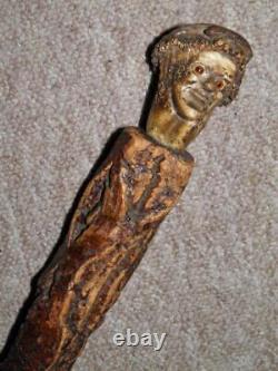 Antique Rustic Bark Wood Hand-Carved Antler Caricature Face Walking Cane