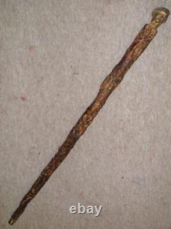 Antique Rustic Bark Wood Hand-Carved Antler Caricature Face Walking Cane