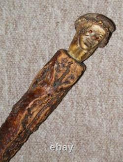 Antique Rustic Bark Wood Hand-Carved Antler Caricature Face Walking Cane