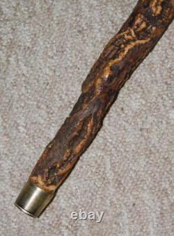 Antique Rustic Bark Wood Hand-Carved Antler Caricature Face Walking Cane