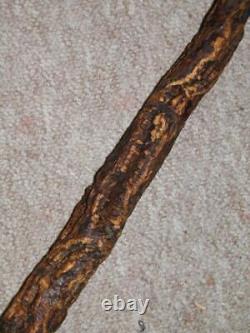 Antique Rustic Bark Wood Hand-Carved Antler Caricature Face Walking Cane