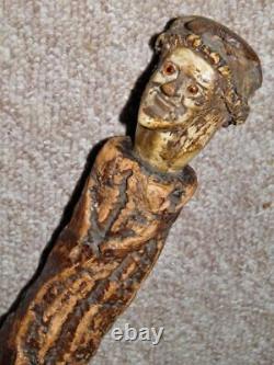 Antique Rustic Bark Wood Hand-Carved Antler Caricature Face Walking Cane