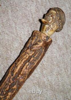 Antique Rustic Bark Wood Hand-Carved Antler Caricature Face Walking Cane