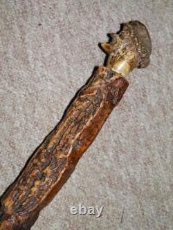 Antique Rustic Bark Wood Hand-Carved Antler Caricature Face Walking Cane