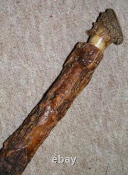 Antique Rustic Bark Wood Hand-Carved Antler Caricature Face Walking Cane