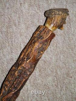 Antique Rustic Bark Wood Hand-Carved Antler Caricature Face Walking Cane