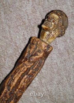 Antique Rustic Bark Wood Hand-Carved Antler Caricature Face Walking Cane