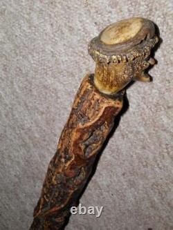 Antique Rustic Bark Wood Hand-Carved Antler Caricature Face Walking Cane