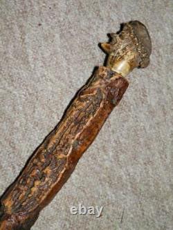 Antique Rustic Bark Wood Hand-Carved Bovine Horn Caricature Face Walking Cane