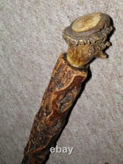 Antique Rustic Bark Wood Hand-Carved Bovine Horn Caricature Face Walking Cane