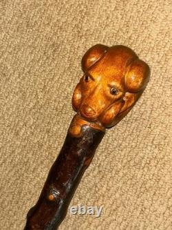 Antique Rustic Birch Walking Stick Cane Hand-Carved Glass Eyed Ram Sheep Head
