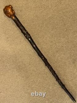 Antique Rustic Birch Walking Stick Cane Hand-Carved Glass Eyed Ram Sheep Head
