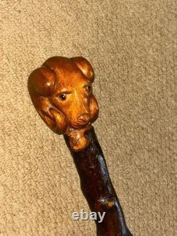 Antique Rustic Birch Walking Stick Cane Hand-Carved Glass Eyed Ram Sheep Head