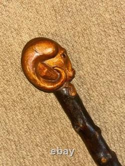 Antique Rustic Birch Walking Stick Cane Hand-Carved Glass Eyed Ram Sheep Head