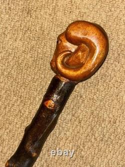 Antique Rustic Birch Walking Stick Cane Hand-Carved Glass Eyed Ram Sheep Head