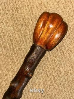 Antique Rustic Birch Walking Stick Cane Hand-Carved Glass Eyed Ram Sheep Head