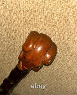Antique Rustic Birch Walking Stick Cane Hand-Carved Glass Eyed Ram Sheep Head