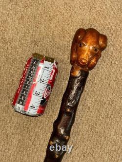 Antique Rustic Birch Walking Stick Cane Hand-Carved Glass Eyed Ram Sheep Head